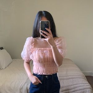 Forever21 pink puff sleeve ruffle sheer top